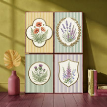Lavanda y flores botánicas vintage en verde salvia