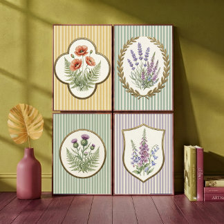 Póster Lavanda y flores botánicas vintage en verde salvia