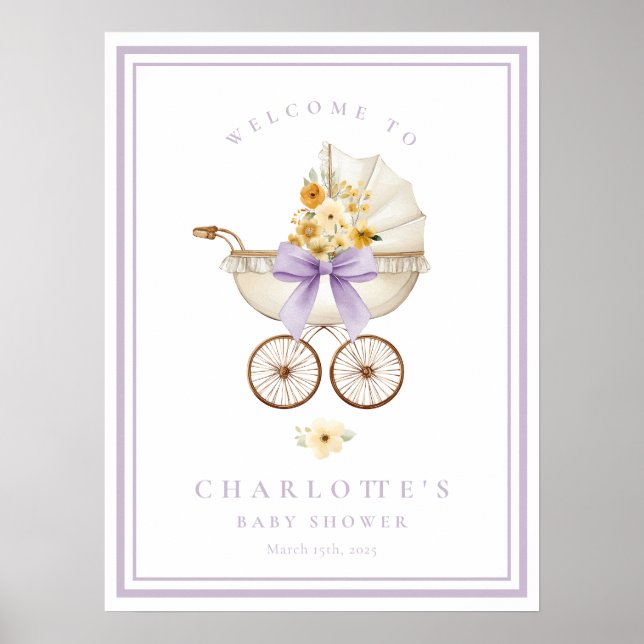 Póster Lavender Baby Shower Welcome Poster | Vintage Pram (Frente)
