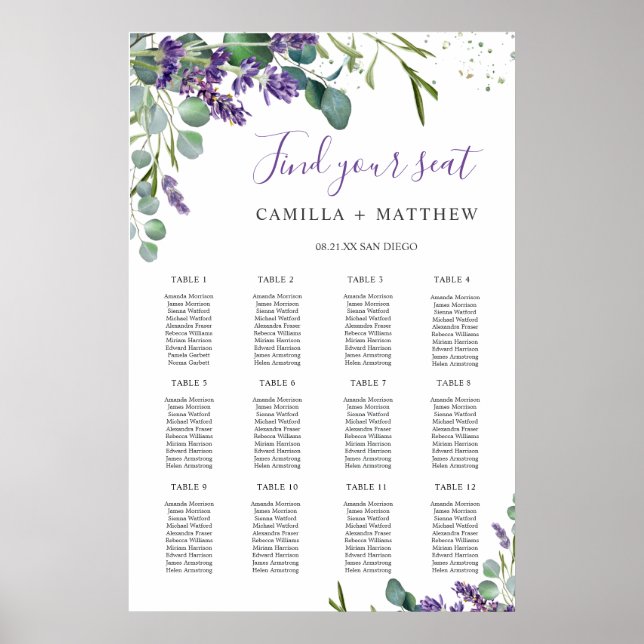 Póster Lavender Eucalyptus Boda Poster de la tabla de asi (Frente)