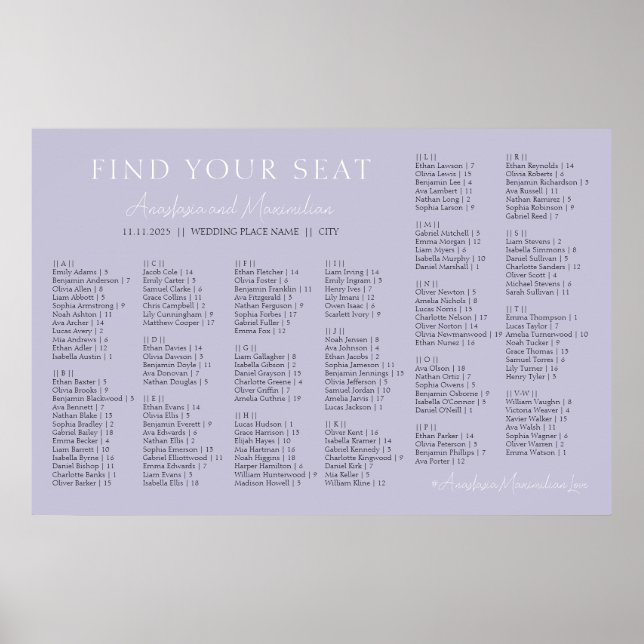 Póster Lavender Lilac Wedding Alphabetical Seating Chart (Frente)