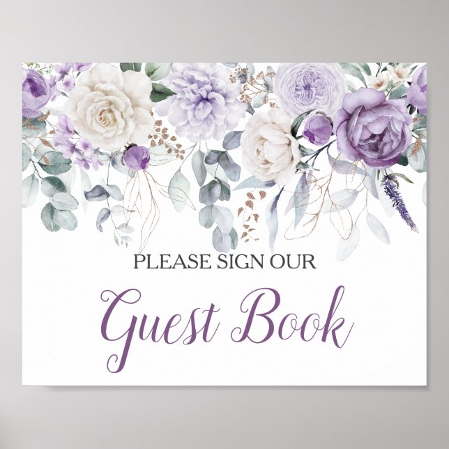 Póster Lavender Peonies White Roses Sign Our Guest Book (Frente)