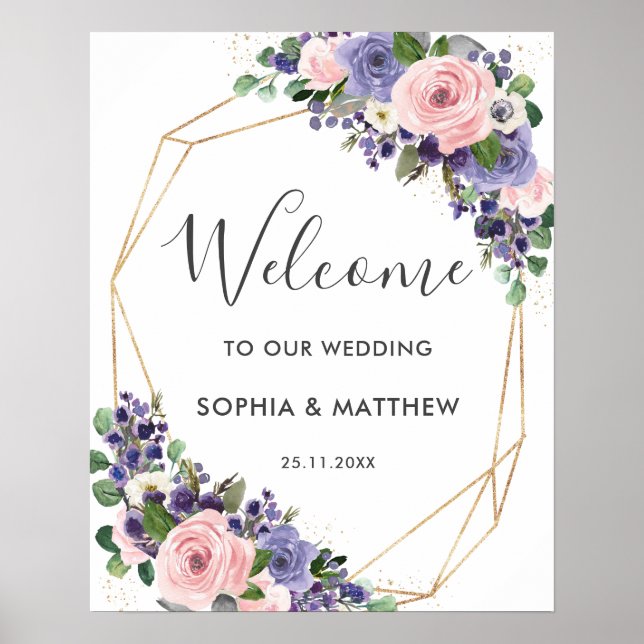 Póster Lavender Purple Blush Pink Floral Wedding Welcome (Frente)