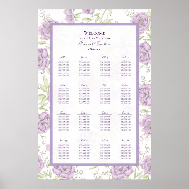 Póster Lavender Purple Rose Wedding Seating Chart (Frente)