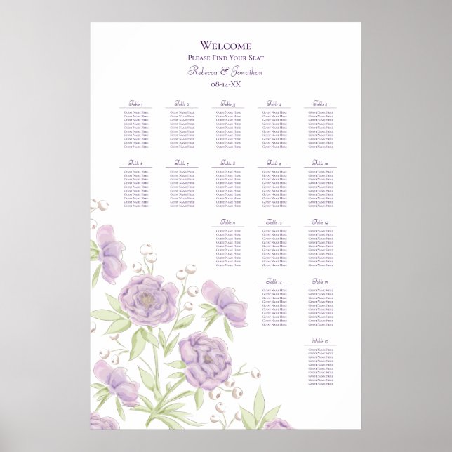 Póster Lavender Purple Rose Wedding Seating Chart (Frente)