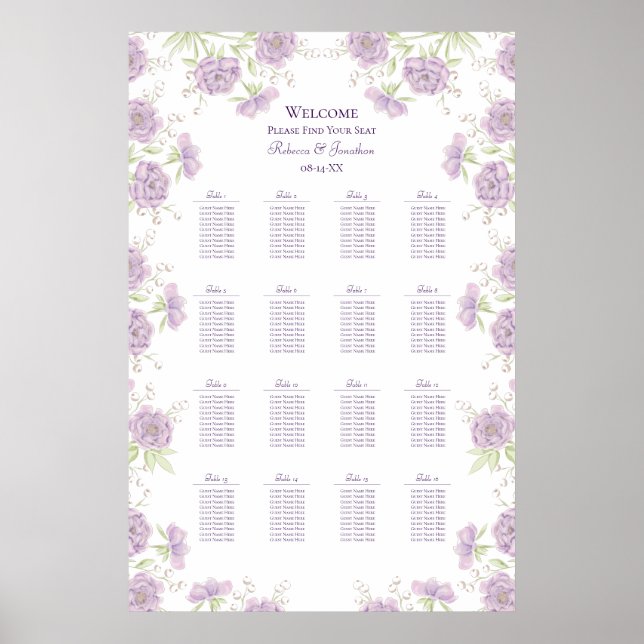 Póster Lavender Purple Rose Wedding Seating Chart (Frente)