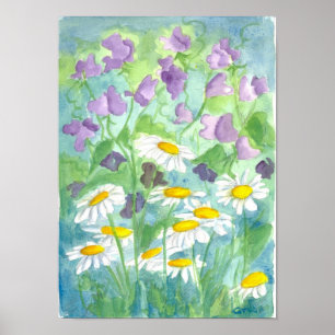 Póster Lavender Sweet Pea Shasta Daisy Watercolor
