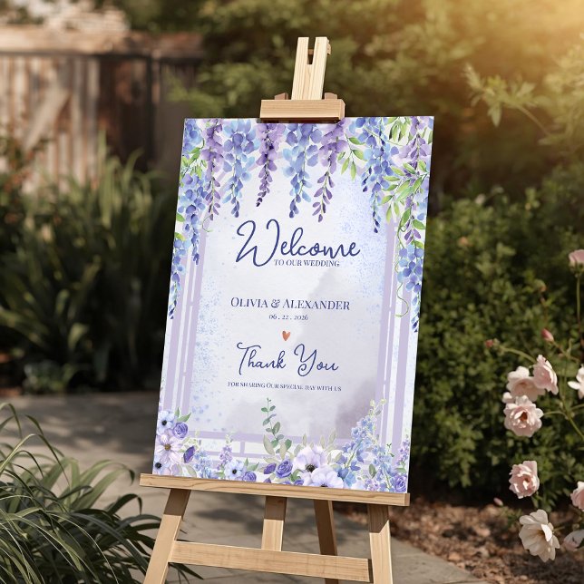 Póster Lavender Wisteria Floral Arch Wedding Welcome (Lavender Wisteria Floral Arch Wedding Welcome Sign | Romantic Purple Garden Wedding Poster)