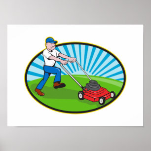 Póster Lawn Mower Man Gardener Cartoon