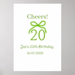 Póster lazo de cumpleaños 20 verde acuarela nombre negrit