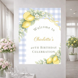 Póster Lazo de gingham azul limones jardín cumpleaños bie