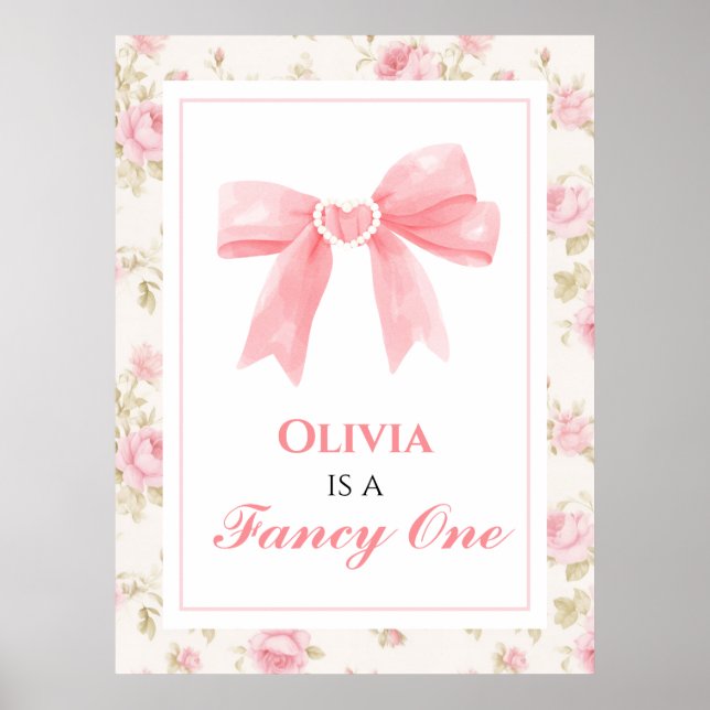 Póster Lazo rosa elegante para primer cumpleaños (Frente)