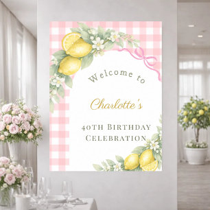 Póster Lazos de gingham de limones rosa jardín cumpleaños
