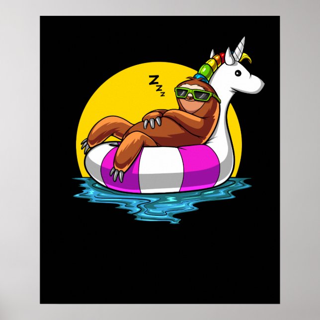 Póster Lazy Sloth Riding Unicorn Flota Funny Pool Fiesta (Frente)