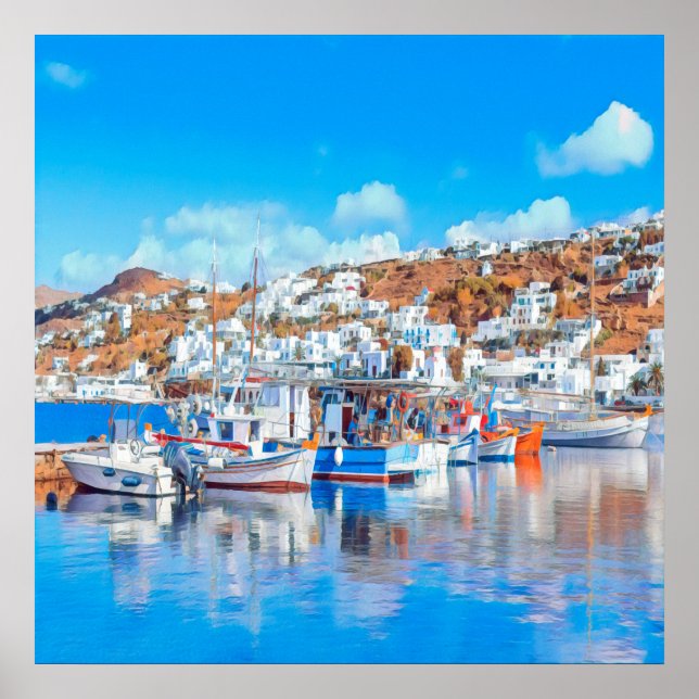 Póster ldp MYKONOS - barcos de pesca - puerto - panorama (Frente)