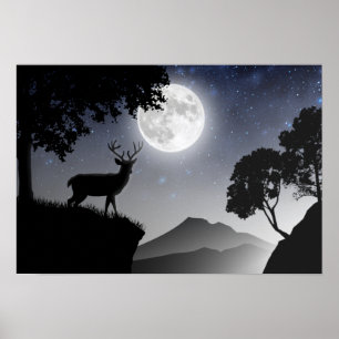 Póster Le cerf sous la lune noir et blanc
