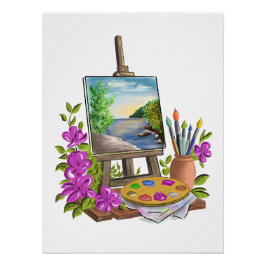 Póster Le chevalet del'artiste peintre.