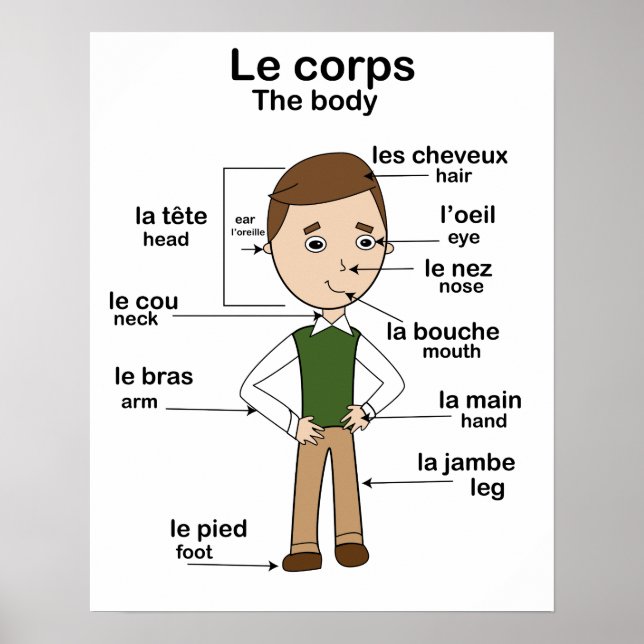 Póster Le corps el cuerpo Educación Francesa Inglés (Frente)