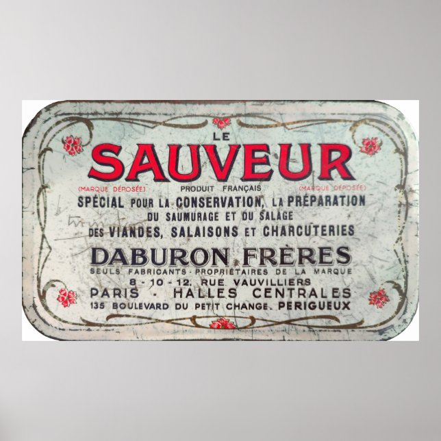 Póster Le Sauveur, conservador de carne de época francés. (Frente)