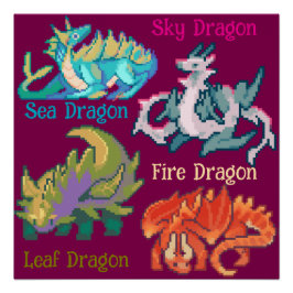 Póster Leaf, sky, fire, sea Dragon pixel art