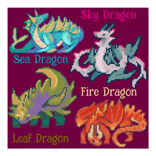 Póster Leaf, sky, fire, sea Dragon pixel art (Anverso)