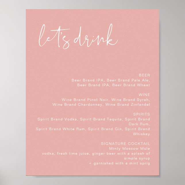 Póster LEAH Vibrant Pastel Pink Let's Bebe Bar Menú (Frente)