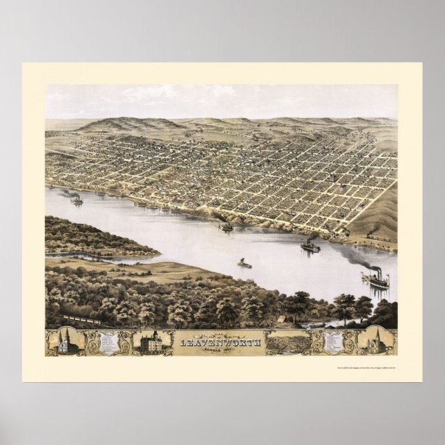 Póster Leavenworth, mapa panorámico de KS - 1869 (Frente)