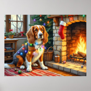 Póster Lebrel Afgano Chimenea con Luces de Navidad
