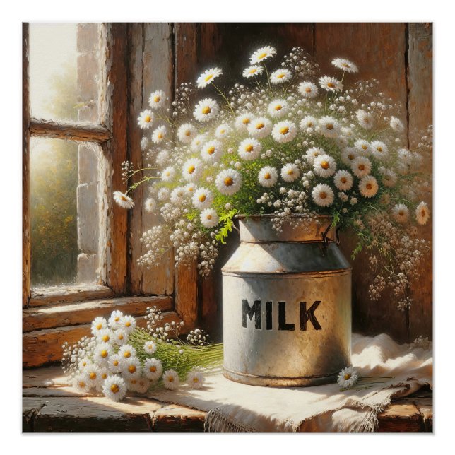 Póster Leche Anticuada Con Daisy Bouquet (Anverso)