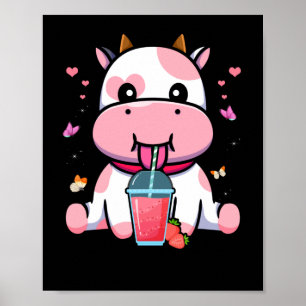 Póster Leche de fresa Cute Kawaii Vaca rosa estética