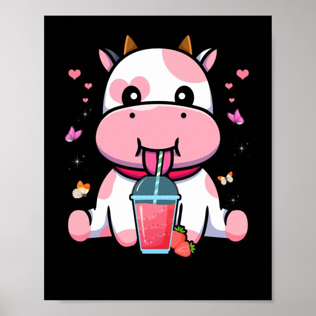 Póster Leche de fresa Cute Kawaii Vaca rosa estética (Frente)