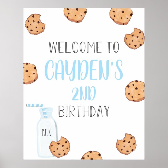 Póster Leche y Galletas Cumpleaños Azul de Bienvenida (Frente)