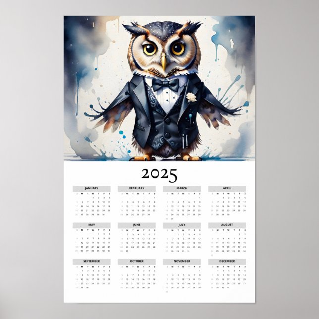 Póster Lechuza acuarela con un calendario de pared de Tux (Frente)