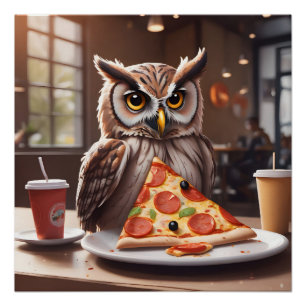 Póster Lechuza amante de la pizza en el café