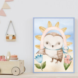 Póster Lechuza, animales bebés, boho, flores, arcoiris