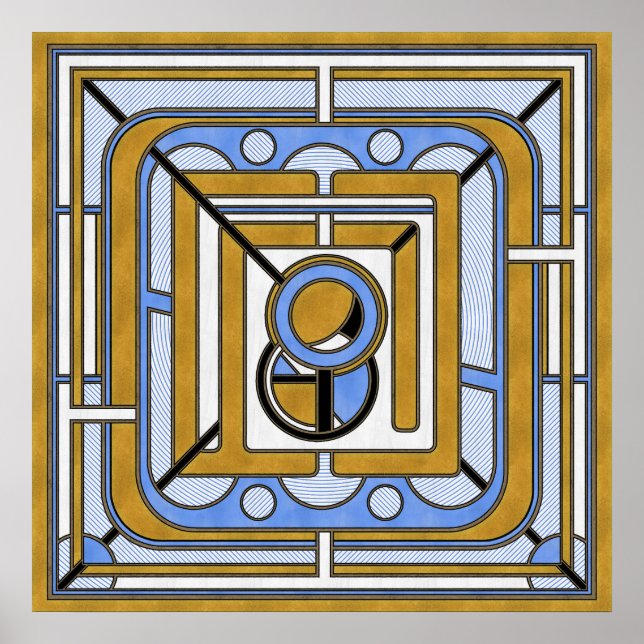 Póster Lechuza - Azul y Oro Art Deco Resumen (Frente)