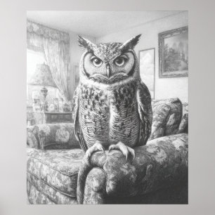 Póster Lechuza Blanca Negra en el Ilustracion de la silla