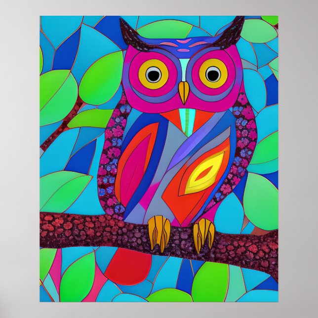 Póster Lechuza caprichosa con plumas coloridas (Frente)