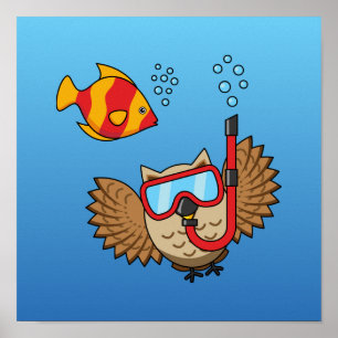 Póster Lechuza con máscara de buceo y pescado tropical