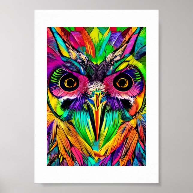 Póster Lechuza con plumas coloridas Quirky AI Art (Frente)