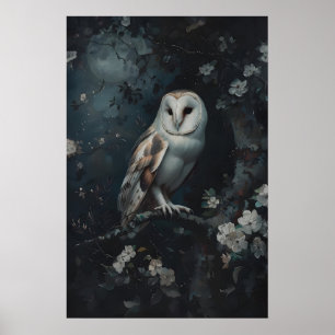Póster Lechuza de Granero Bajo las Flores de la Luna Oscu