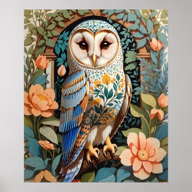 Póster Lechuza de grano con estampado floral de época (Frente)