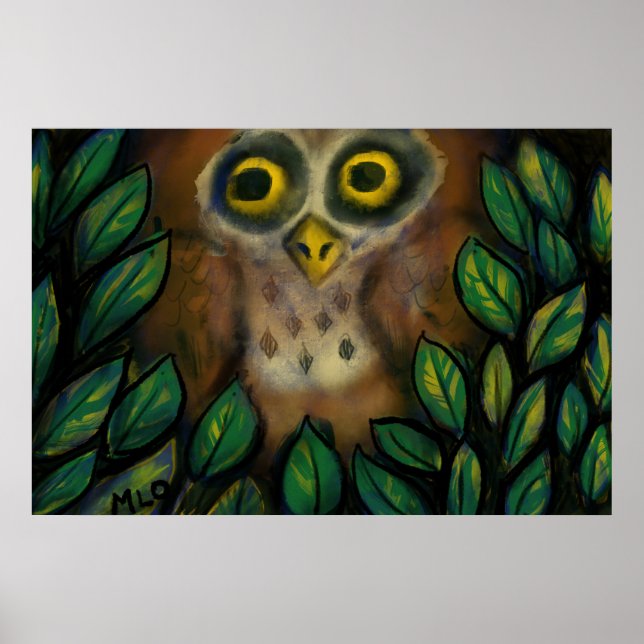Póster Lechuza en un árbol leafy (Frente)