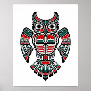 Póster Lechuza espirituosa de Haida azul rojo y negro