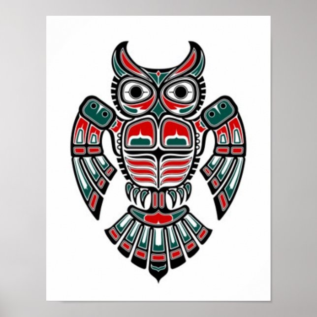 Póster Lechuza espirituosa de Haida azul rojo y negro (Frente)