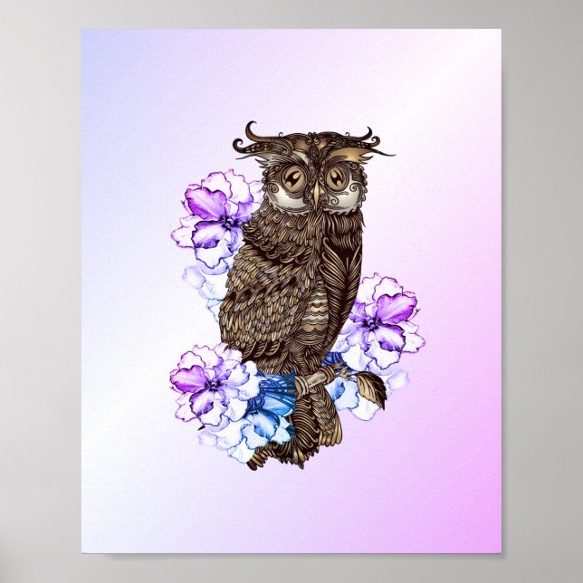 Póster Lechuza Marrón Flores Purpura (Frente)