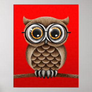 Póster Lechuza marrón suave con lentes de lectura, rojo