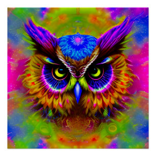 Póster Lechuza Psicodélica Hippie Groovy
