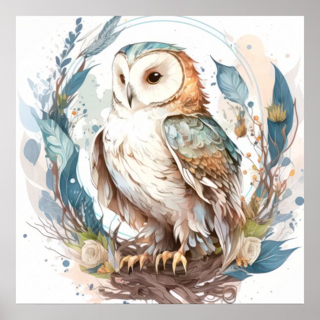 Póster Lechuza Retrato De Aves Pintando Vida Silvestre Al (Frente)