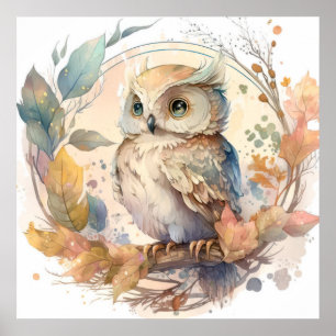Póster Lechuza Retrato De Aves Pintando Vida Silvestre Al